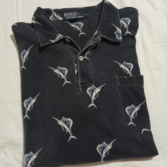 VTG POLO by Ralph Lauren large Navy Blue 100% cotton SAILFISH polo short-sleeved - Picture 3 of 12